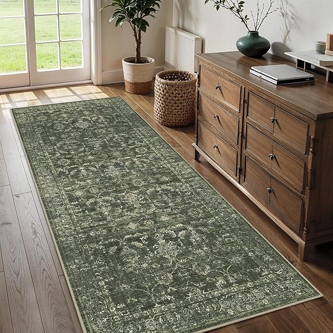 3x7 Green Runner Rug Hallway Washable Area Rugs Kitchen Vintage Boho Non Slip Long Rug Floral Carpet Indoor Retro Soft Low Pile Throw Rug for Bedroom Bathroom Laundry Dining Living Room Office