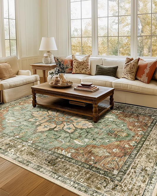 RELEANY Area Rugs 7'x9' Washable Non-Slip, Floral Vintage Distress Medallion Carpet for Living Room Bedroom Dining Room, Terracotta Burnt Orange Green