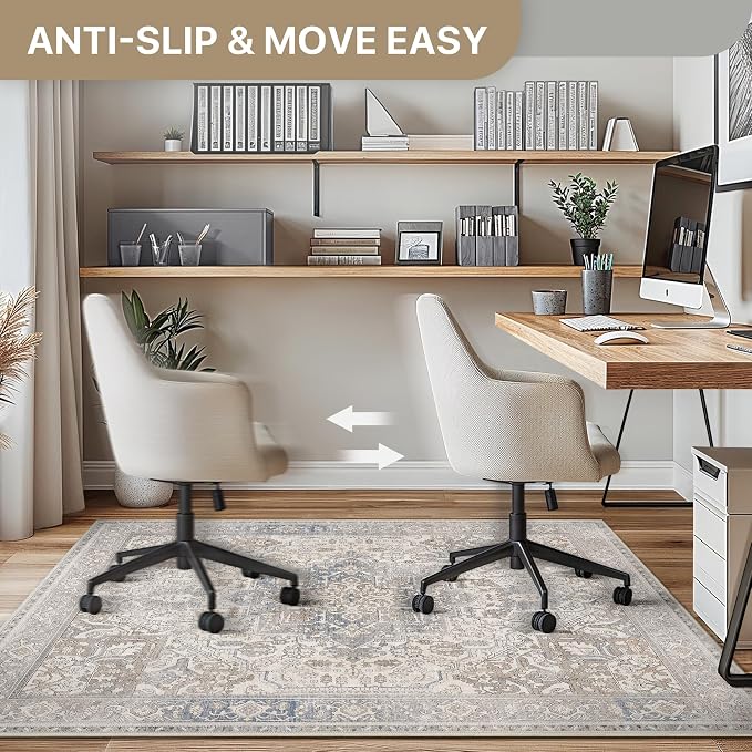 36"x60" Office Chair Mat for Hardwood Tile Floor, Under Desk Carpet Protector for Rolling Computer Chair Mat, Machine Washable Area Rug, Anti-Slip 1/5" Thick Low Pile Thin Floor Mat, Khaki Blue