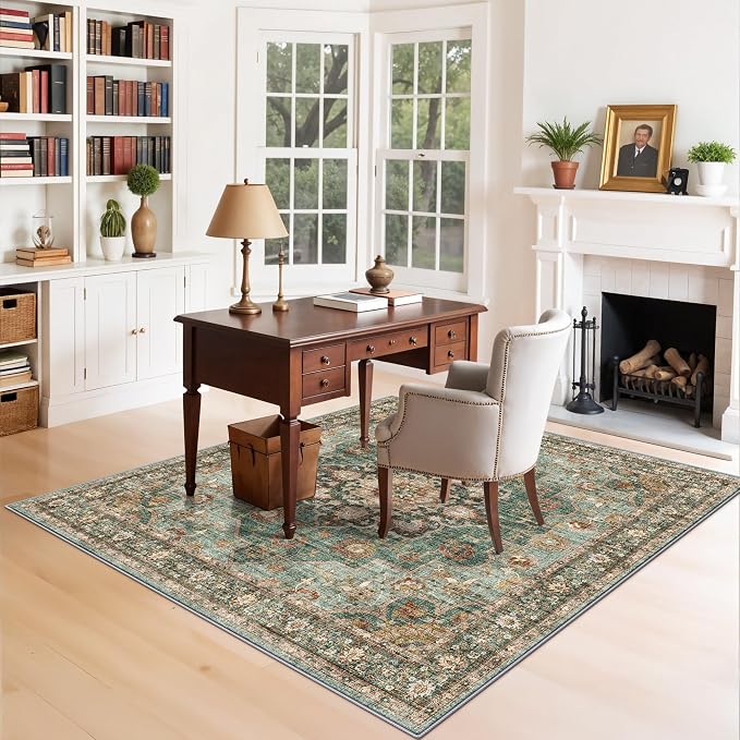 TOPRUUG Washable 5x5 Rug Square - Ultra Soft Living Room Area Rug Under Sofa Non-Slip Rugs for Bedroom Dining Room - Stain Resistant Farmhouse Decor for Family with Pets & Kids (Green, 5x5)