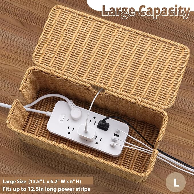ZhiYo Rattan Cable Management Box, Brown Cord Organizer, 13.5" x 6.2" x 6" | Handwoven imitation rattan cord hider box conceals power strips and cables for a clean desk or floor setup