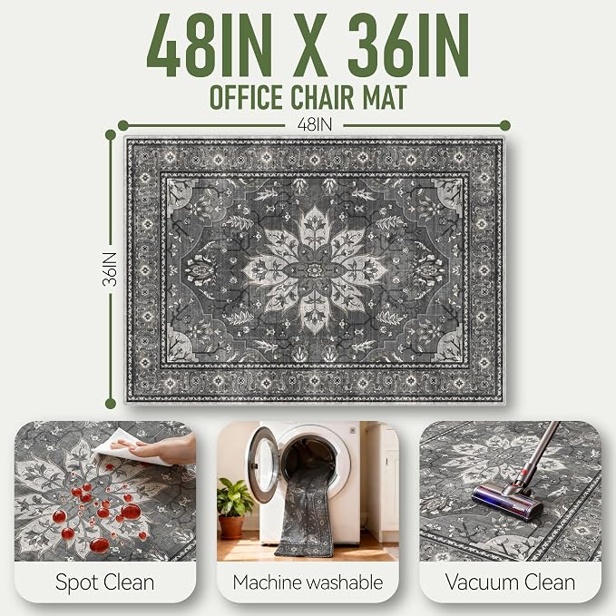 36"x48" Office Chair Mat for Hardwood, Under Desk Chair Mat for Home Office, Anti-Slip Office Rugs for Rolling Chairs, Floor Protector Washable Rugs Charcoal Gray