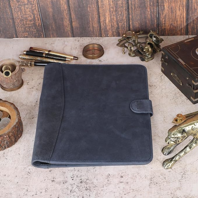 Leather Padfolio Legal Pad Portfolio Organizer | Handmade Executive Notebook Binder | Heavy Duty Full Grain Cow Hide Resume Interview Folio for Men Women, Rustic NoteBook Folder (Blue)