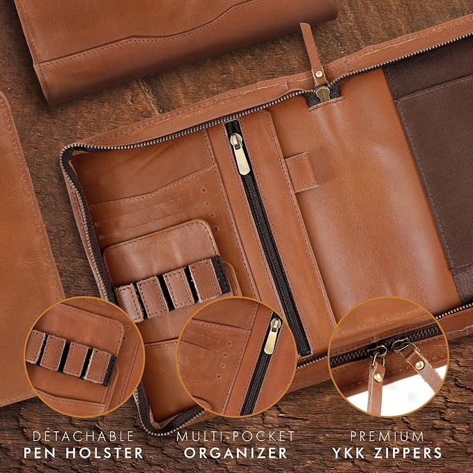 ELIZO Leather A5 Portfolio Padfolio Folio A5 Notebook Journal Cover Planner Binder Small Mens Business Work Folder Organizer (Tan)