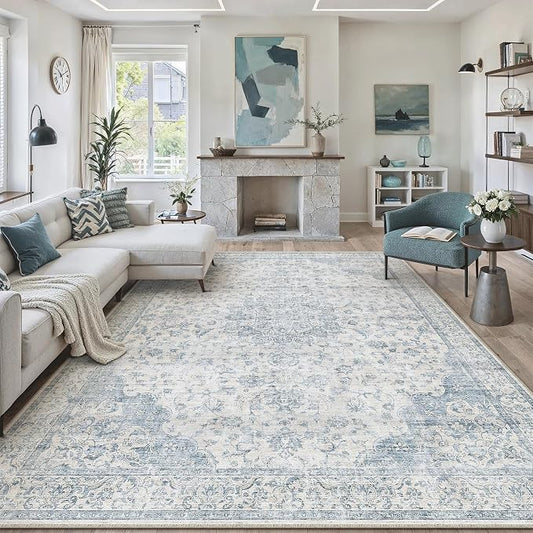 PureCozy 10x12 Area Rug Washable Neutral Beige Brown Vintage Living Room Bedroom Carpet Non Slip Low Pile Soft Floral Indoor Large Throw Rug for Dining Room Office