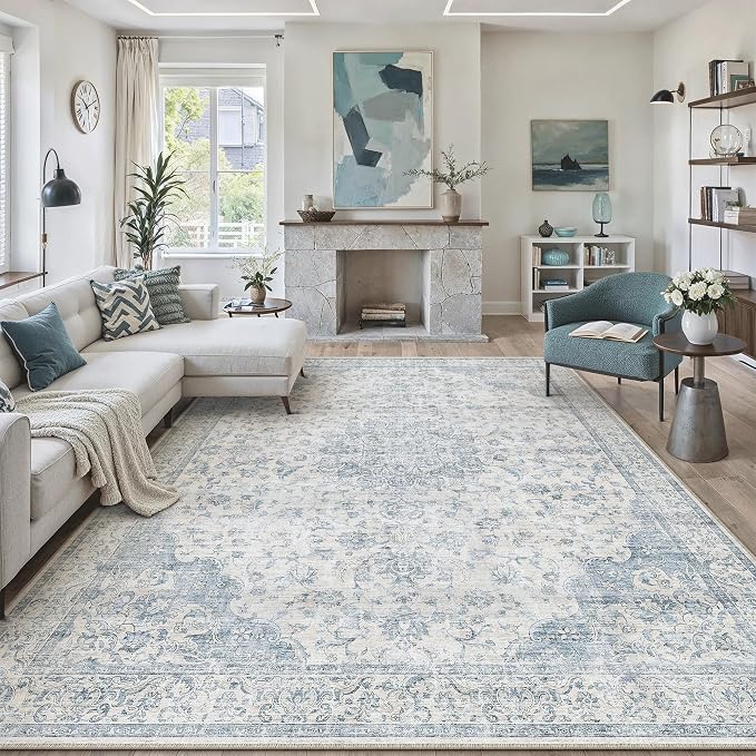 PureCozy 12x15 Area Rug Washable Neutral Beige Brown Vintage Living Room Bedroom Carpet Non Slip Low Pile Soft Floral Indoor Large Throw Rug for Dining Room Office