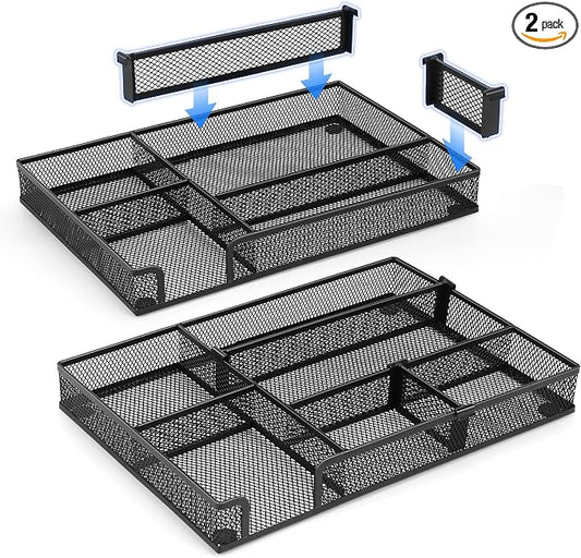 Desk Drawer Organizer, 2 Pack Junk Drawer Organizer Tray with 2 Adjustable Compartments, Desktop Metal Mesh Office Desk Organizer, Multifunction Pen Organizer Set for Office School Makeup Supplies (2)