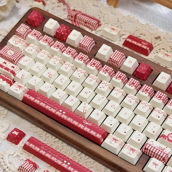 Raspberry Mousse Theme Keycaps 140 Keys, PBT Keycap Cherry Profile, Dye-Sub Cute Red Key Caps Set 60% 75% 96% 100%, Custom Keyboard Keycaps MX Switch Mechanical Keyboard (Only Keycap)