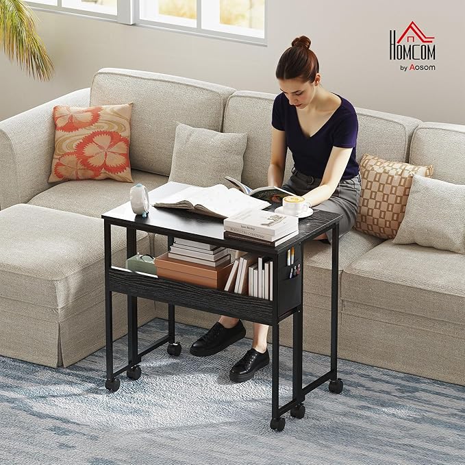 HOMCOM Small Folding Desk, Rolling Computer Desk Foldable with Storage Bag and Shelf, 31.5" Portable Writing Table on Wheels for Small Spaces, Home Office, Study, Easy Assembly, Black