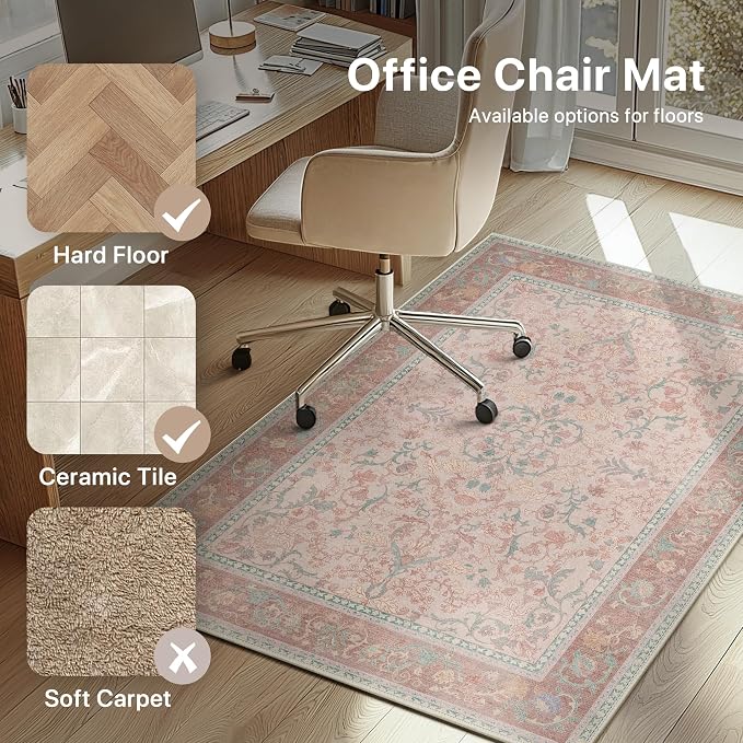 48"x60" Office Chair Mat for Hardwood Tile Floor, Under Desk Carpet Protector for Rolling Computer Chair Mat, Machine Washable Area Rug, Anti-Slip 1/5" Thick Low Pile Thin Vinyl Floor Mat, Pink