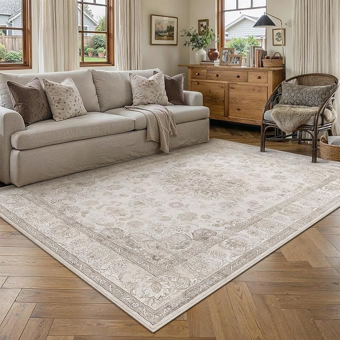 PureCozy Beige Area Rug 5x7 Washable Vintage Living Room Office Carpet Non Slip Soft Low Pile Distressed Medallion Indoor Floor Retro Throw Rug for Kitchen Bedroom Dining Room
