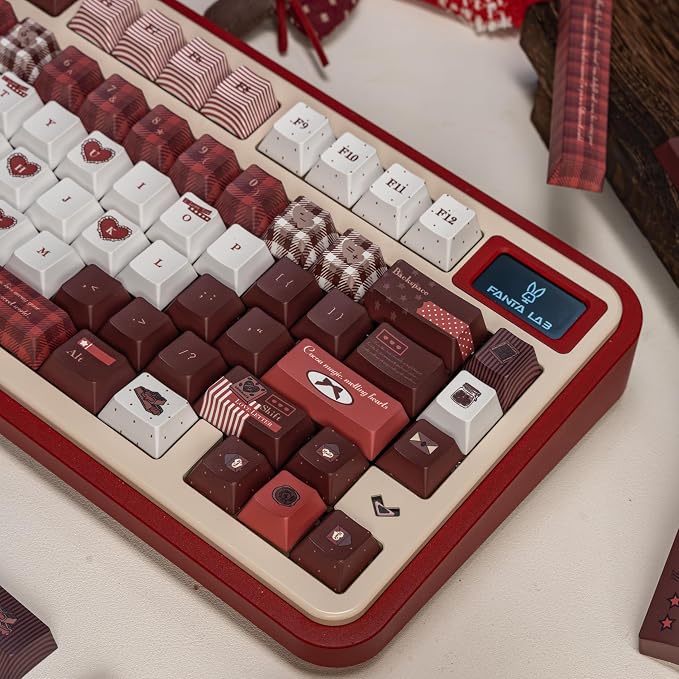 145 Keys Velvet Chocolate Keycaps, Dye-Sublimation PBT Custom Keycap Set for Cherry Profile, Cute Dark Red White Keycap for MX Switches Mechanical Gaming Keyboard