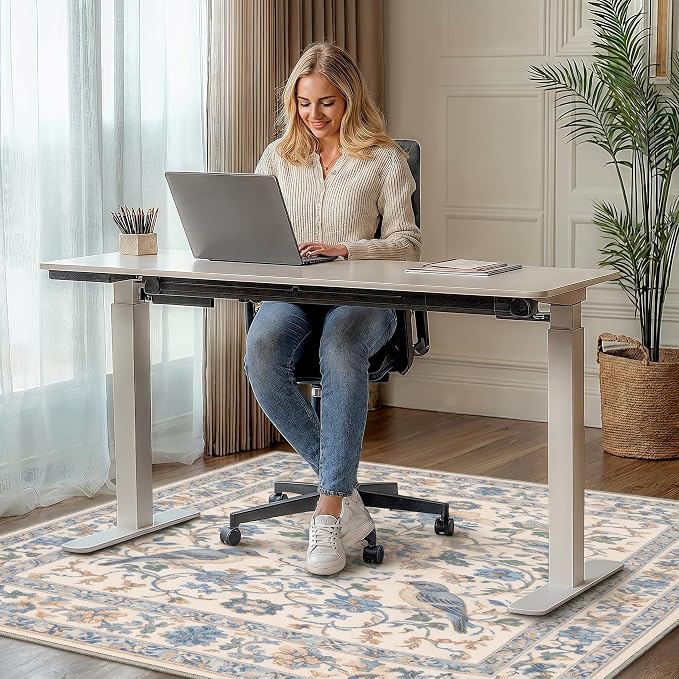 36"x48" Office Chair Mat for Hardwood Tile Floor, Under Desk Carpet Protector for Rolling Computer Chair Mat, Machine Washable Area Rug, Anti-Slip 1/5" Thick Low Pile Thin Vinyl Floor Mat, Azure Ivory