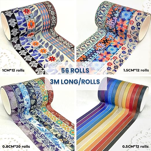 NANYNNU Floral Washi Tape Set, 56 Rolls 4 Size Flower Colored Decorative Blooms Masking Tapes for Scrapbooking, DIY Crafts, Bullet Journal Supplies, Planner, Junk Journal (Symmetry Aesthetics)