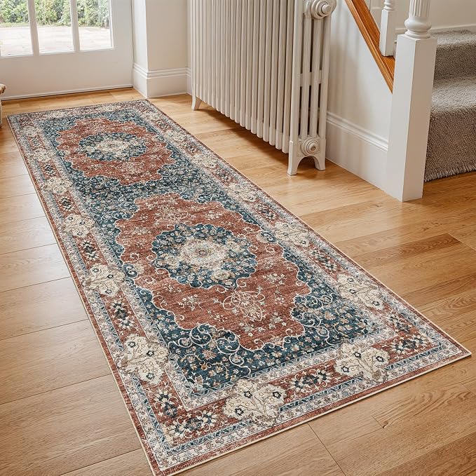 3x6 Washable Hallway Runner Rug:Oriental Indoor Kitchen Rugs Vintage Door Mat Non Slip with Rubber Backing Low Pile Thin Carpet for Bedroom Bathroom Living Room Bedside (3x6 Brick/Blue)