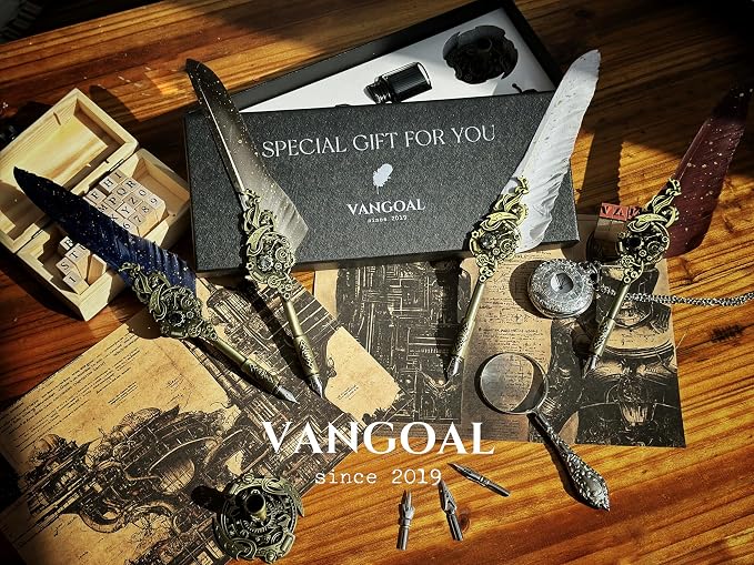 VANGOAL Steampunk Feather Pen and Ink Set with Gift Box, Vintage Quill Pen for Writing, Calligraphy Pen Set for Office Supplies, Birthday, Wedding, Christmas Gift (Blue)