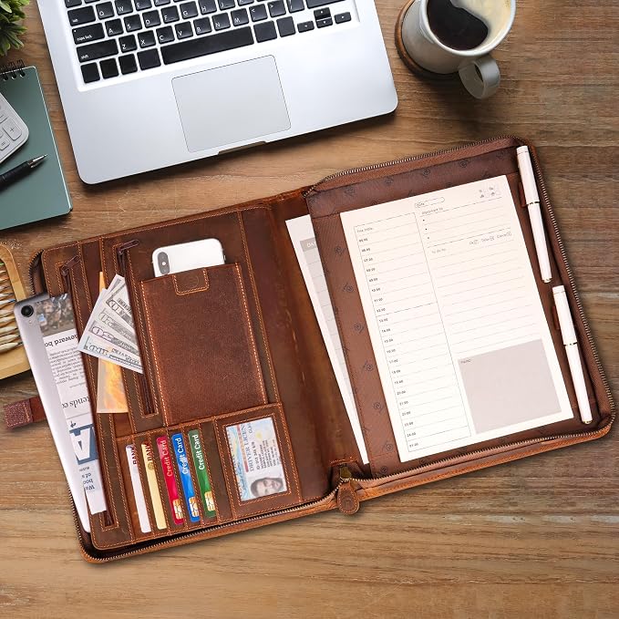 JinRuiKJ Leather Portfolio for Men, Business Portfolio Binder for A4/Pad, Leather Portfolio Folder Organizer with Notepad Holder, Card Slots, Pen Loop, 10 x 13 in, Professional Gift Set - Camel