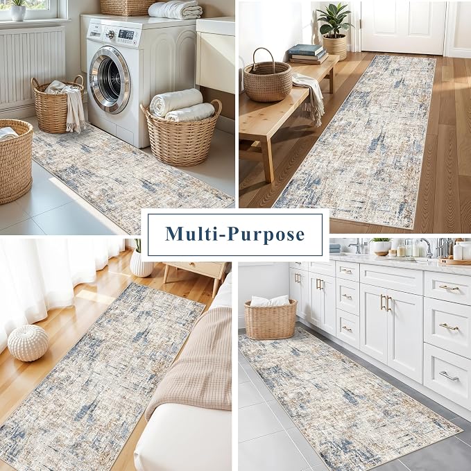 2x6 Washable Non-Slip Hallway Runner Rug – Modern Abstract Soft Carpet Runner for Kitchen, Bedroom with Rubber Backing – Low-Pile Thin Stain-Resistant Rug for Laundry Room, Entryway（Blue Brown）
