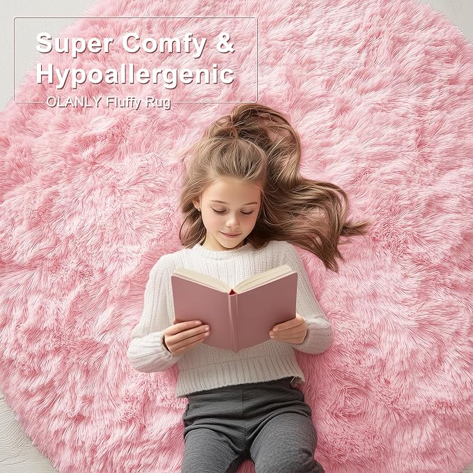 OLANLY Pink Round Rugs for Bedroom - Machine Washable, 6 ft Circle Area Rugs for Living Room, Soft and Fluffy Shaggy Carpet for Teen Girls and Boys, Nursery Rooms, Dorms, Home Decor Aesthetic
