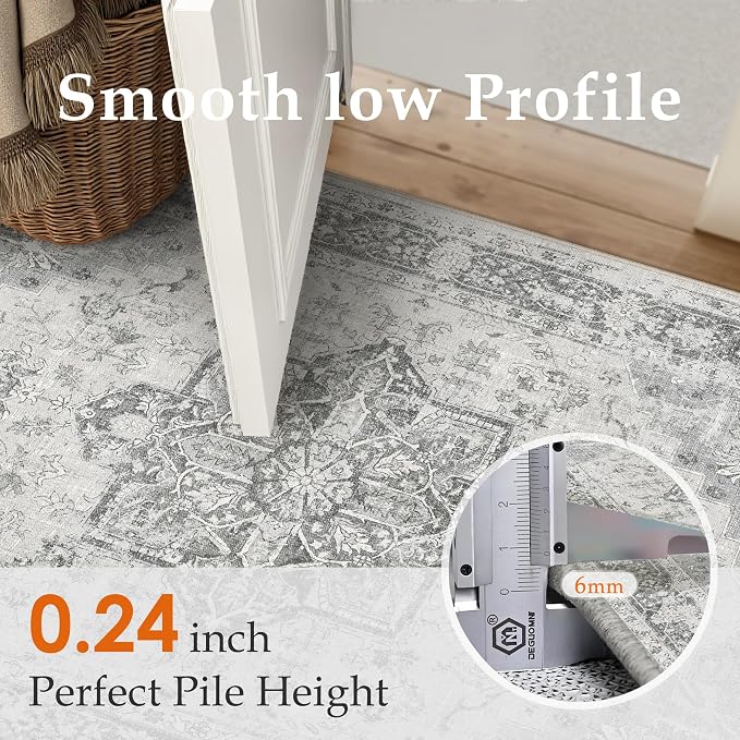 PureCozy Gray 6x9 Area Rug Washable Vintage Living Room Carpet Non Slip Retro Distressed Low Pile Soft Oriental Medallion Thin Large Grey Throw Rug for Office Bedroom Dining Room Playroom