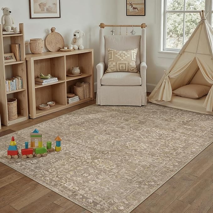 HUGEAR 3x5 Entryway Area Rug Light Brown Small Rug Machine Washable Door Mat Vintage Floral Low Pile Carpet Vacuumable Distressed Throw Rug Entrance Kitchen Bathroom Bedroom Non Slip Lightweight