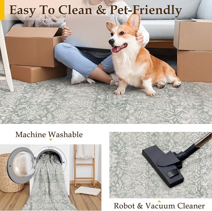 PureCozy Washable Area Rug 2x3, Small Non-Slip Green Entryway Door Mat Vintage Low Plie Thin Indoor Kitchen Bathroom Rug Retro Accent Throw Entrance Bedroom Office Carpet