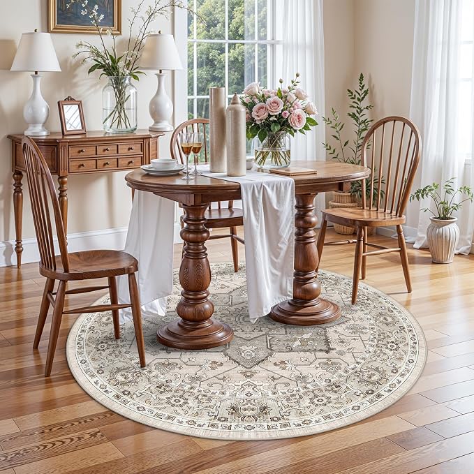 Living Room 4round Area Rug - Boho Rugs for Living Room Bedroom Stain Resistant Carpet Vintage Tribal Rugs for Kitchen Playroom with Non Slip Backing Home Decor Floor Mat for Bathroom 4ft Ivory