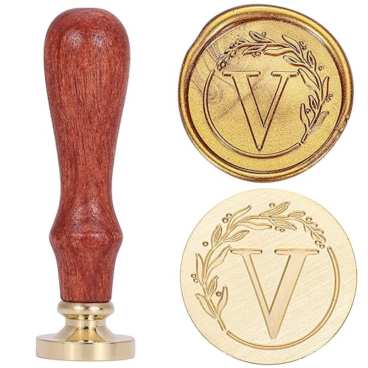 Yoption Letter Wax Seal Kit, Vintage Initial Alphabet V with Wreath Wax Stamp and 120 Antique Gold Wax Seal Beads