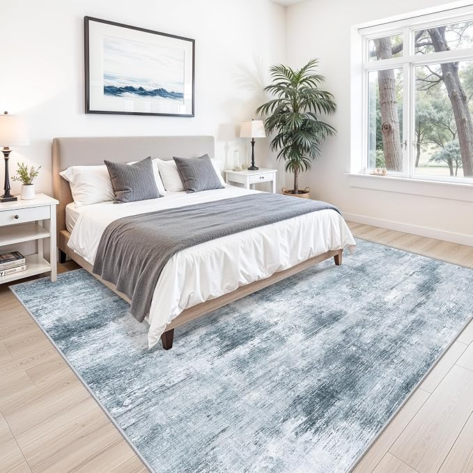 10x10 ft Square Living Room Rug – Washable Modern Abstract Area Rug for Bedroom, Dining Room, Playroom – Neutral Non-Slip Low-Pile Thin Indoor Carpet (Misty Blue Gray)