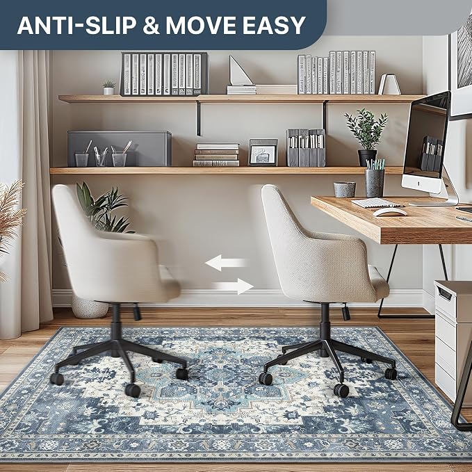 48"x72" Office Chair Mat for Hardwood Tile Floor, Under Desk Carpet Protector for Rolling Computer Chair Mat, Machine Washable Area Rug, Anti-Slip 1/5" Thick Low Pile Thin Vinyl Floor Mat, Navy