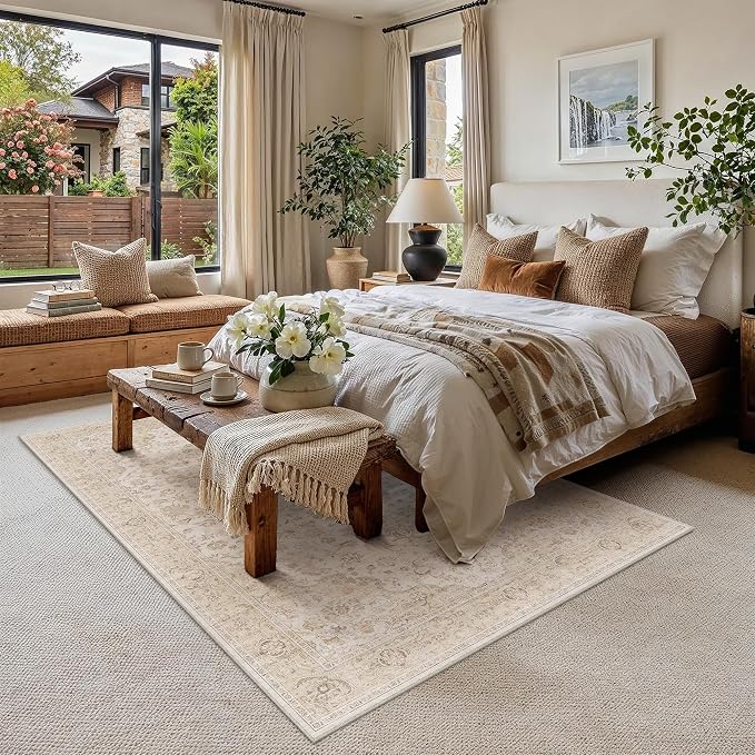 PureCozy 6x9 Area Rug Washable Neutral Beige Brown Vintage Living Room Bedroom Carpet Non Slip Low Pile Soft Floral Indoor Throw Rug for Dining Room Office