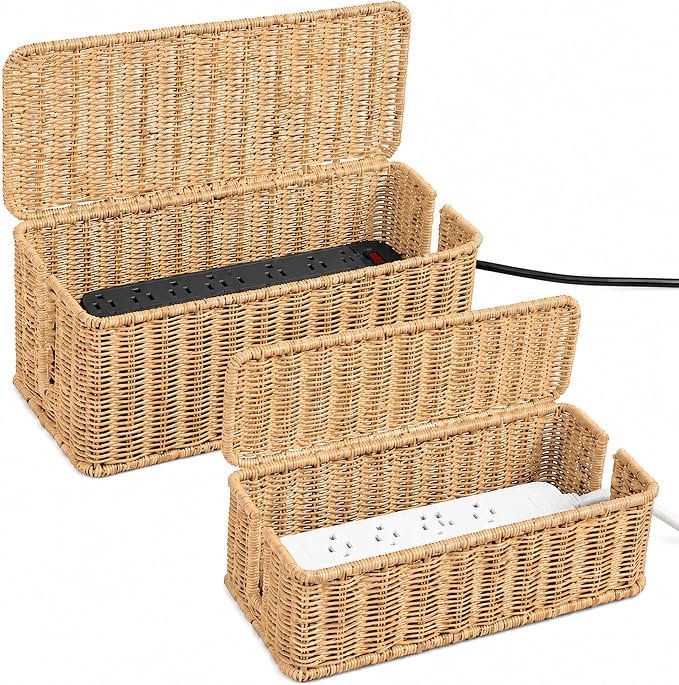 Cable Management Box Set of 2 Sizes, Handmade Rattan Cable Organizer with 2 Open Slots, Cord Hider for Power Strip, Router & USB Hub, Registered U.S. Design Patent (D1,112,102), Natural