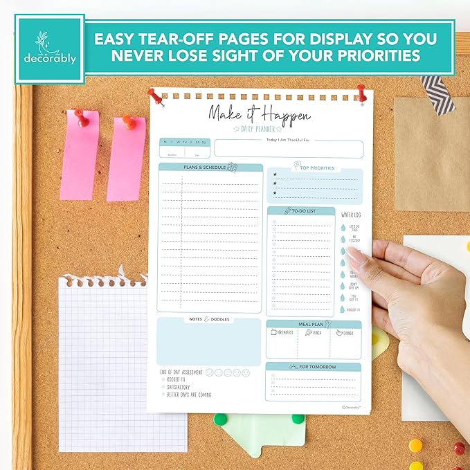 Decorably 52 Sheets Blue Undated Daily Planning Sheets - 6.5x10in Spring-Bound Planner Notepad, Easy Tear-Off, for Schedule, Priorities, Agenda, Water Intake, Meals, Notes and Doodles - Home, Office