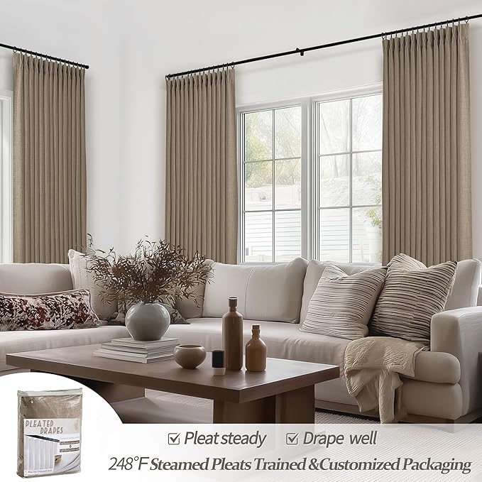 Pleat Dark Tan Ceiling Drapes 108 Inches Long 2 Panels Set for Living Room, Lush Decor Memory Shape Pinch Pleated Black Out Linen Blend Large Window Curtains Privacy with Hooks Rings for Office 9 FT