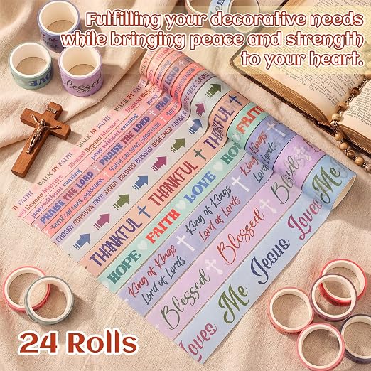 24 Rolls Christian Washi Tape Set Bible Verse Decorative Tape Aesthetic Pastel Faith Tapes for Bible Journaling Planner Scrapbooking Gift Wrapping Arts DIY Crafts