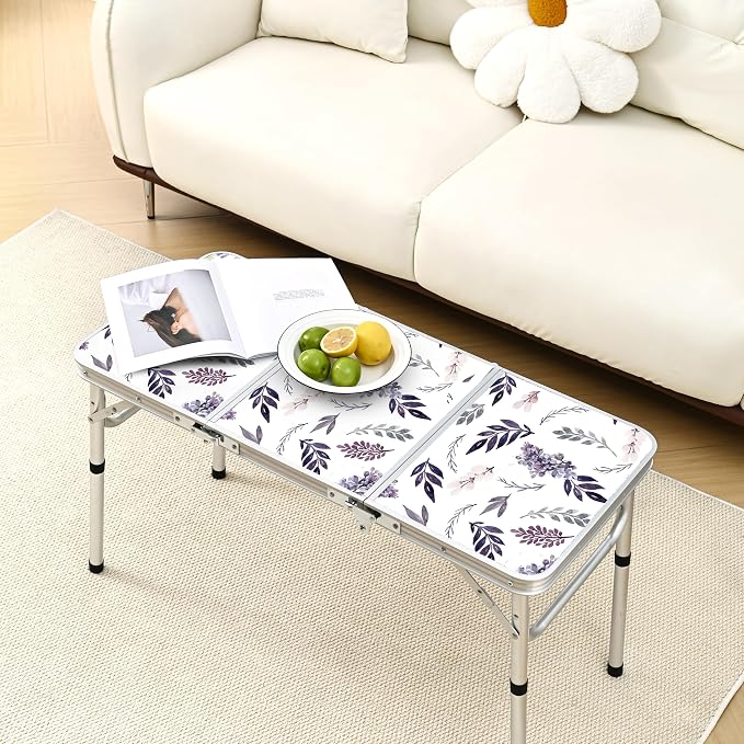 Yriuat Folding Camping Table 3ft Portable Picnic Table Adjustable Height Small Card Table Aluminum Foldable Lightweight with Carry Handle for Outdoor Indoor Hiking Camp BBQ Beach (Misty Lilac)