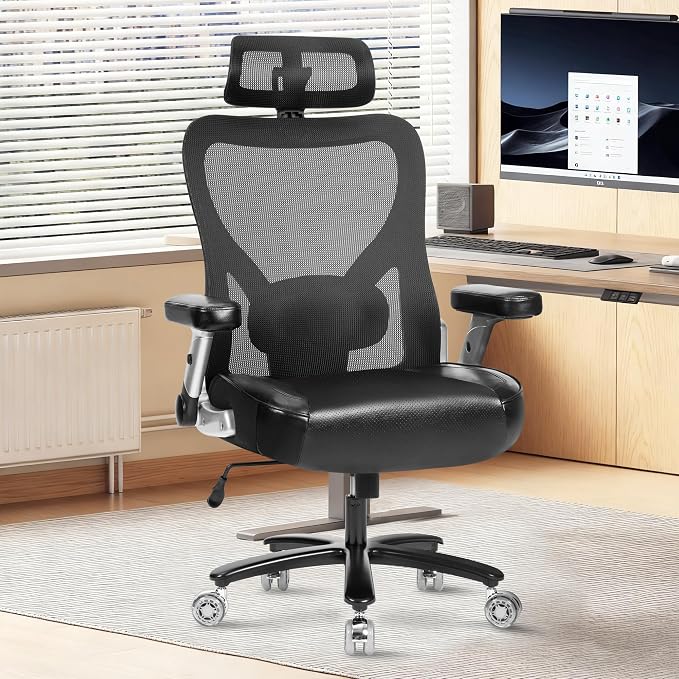 Super Big and Tall Office Chair 700lbs- Heavy Duty Executive Computer Chair with Rubber Wheels 3D Flip Arms, Ergonomic Mesh High Back Desk Chair, Wide Seat Adjustable Lumbar Support & Headrest