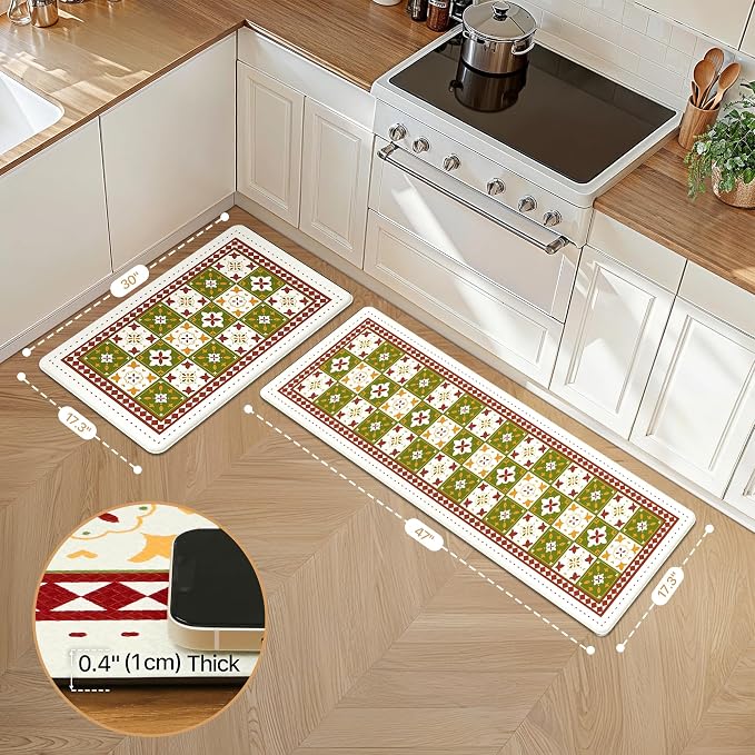 GENIMO Anti Fatigue Kitchen Mats for Floor 2PCS, Cushioned Standing Mats | 17.3"x47"&17.3"x30", Dark Green vintage floral rug set, waterproof, non slip, easy-clean for farmhouse