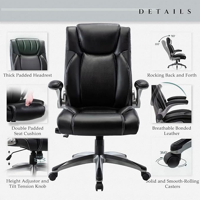 COLAMY Office Desk Chair, Ergonomic Computer Chair with Padded Flip-Up Arms and Thick Cushion, Leather office chair with High Back Adjustable Height and Tilt for Working for Working, Study, Gaming,2PC