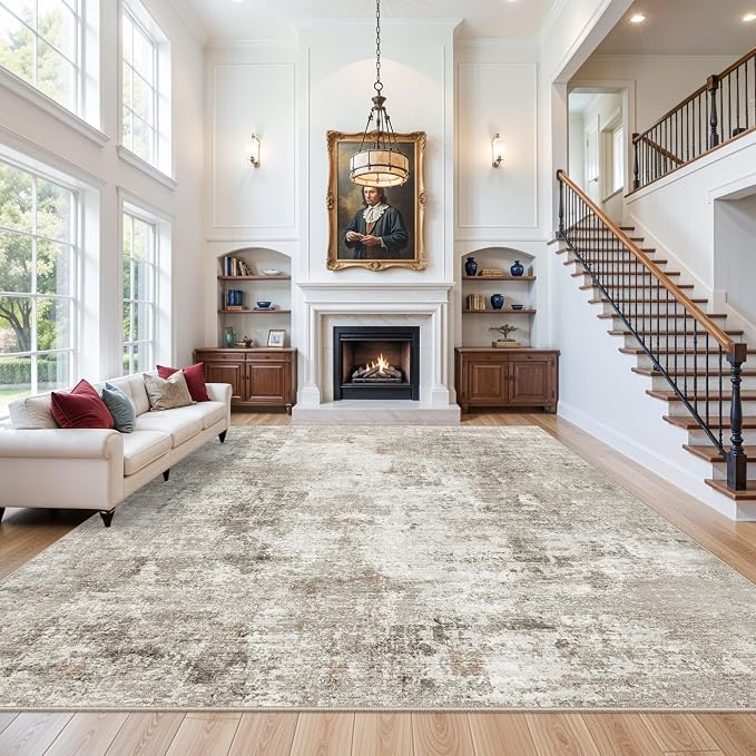 12x18 ft Extra Large Living Room Rug Washable Modern Abstract Neutral Oversize Rugs for Bedroom, Dining Room, Family Room Non-Slip Low-Pile Thin Stain-Resistant Carpet in Beige Grey