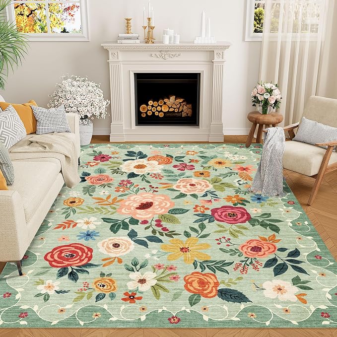 DUKINO 5x8 Area Rug for Living Room, Washable Lightweight Non Slip Floral Bedroom Rug with Non Shedding Design, Soft Low Pile Large Indoor Carpet for Dining Room, Kids Playroom, Nursery, Office, Green