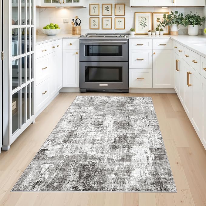 4x6 Entryway Rug – Non-Slip Low-Pile Small Area Rug for Kitchen Bedroom Living Room Office – Modern Abstract Neutral Throw Carpet with Rubber Backing (Grey)