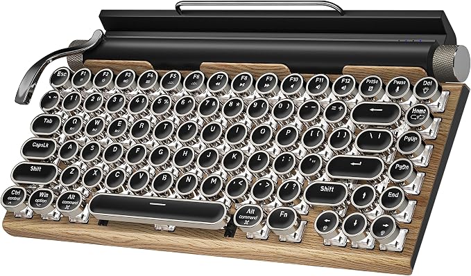 Retro Typewriter Wireless Mechanical Gaming Keyboard, Bluetooth 5.0 Office Computer Vintage Keyboards 83-Key Blue Switches Punk Round Keycap, LED Backlight, Compatible with PC/Laptop/Pad/Phone, Wood