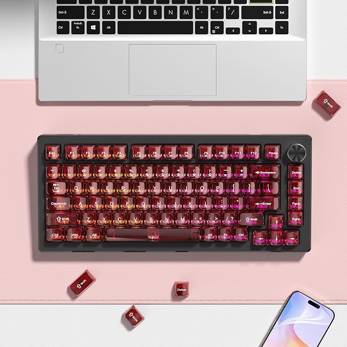 dagaladoo Clear keycaps,Transparent Keyboard keycaps,Jelly Key caps Set,Shine Through keycap，MDA Profile Keyboard caps for Mx Switches Mechanical Keyboard(Dark Red)