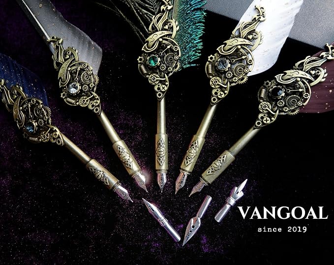 VANGOAL Steampunk Feather Pen and Ink Set with Gift Box, Vintage Quill Pen for Writing, Calligraphy Pen Set for Office Supplies, Birthday, Wedding, Christmas Gift (Grey)