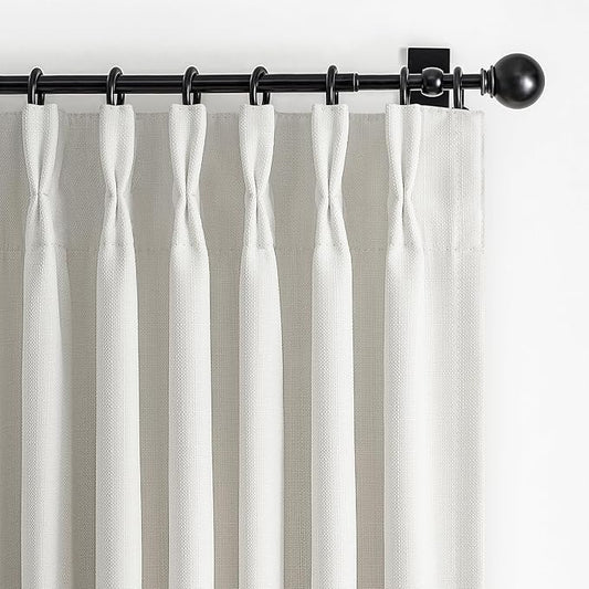 Natural Linen Beige White 92 Inch Curtains 2 Panels Set for Office, Petty Memory Shape Trained Pinch Pleated Blackout Noise Cancelling Curtain with Hooks Rings for Kids Room 90-92 Length Window Drapes