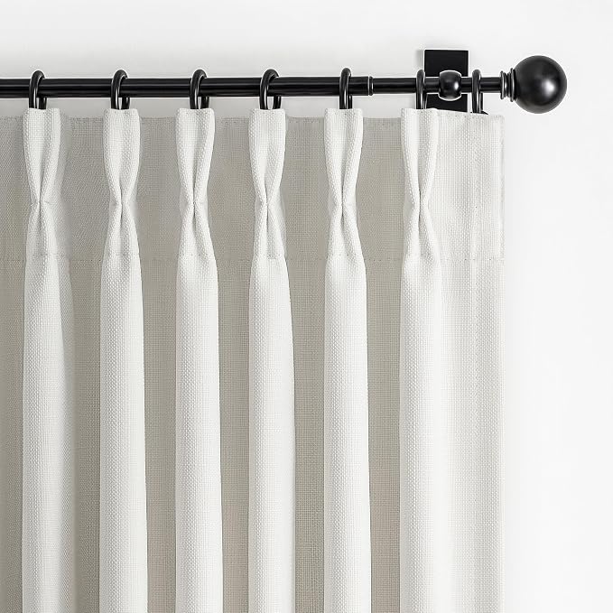Beige White Blackout Small Kitchen Window Curtains 45 Inch Length 2 Panel Set, Memory Trained Pinch Pleated Thermal Double Layer Linen Curtain Soundproof Light Blocking Decorative Drapes with Back Tab