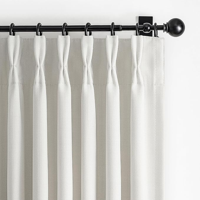 PleatedDrapes Short Blackout Thick Linen Curtains 54 Inch Long 2 Panels Set for Cafe, Off Beige White Memory Trained Pinch Pleated Thermal Cottage Core Basement Window Curtain & Drapes 4-1/2 FT Length