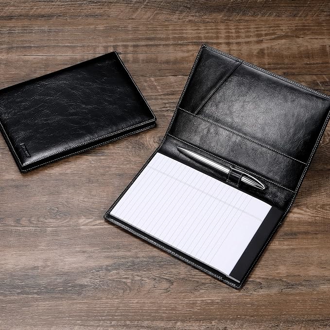HISCOW Slim Leather Junior Padfolio, 5x8 Notepad Cover, Antiqued Black | Full-grain buffalo leather, top-loading legal pad holder, rigid pen loop, quick-access card slot, zipperless boardroom design