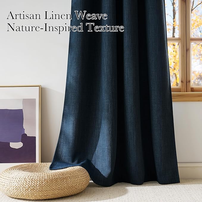 NICETOWN Navy Blue Faux Linen Room Darkening Rod Pocket Curtains 63 inch Length, W42 x L63, Light Blocking Thermal Insulated Noise Reducing Drapes for Bedroom Living Room Farmhouse Decor, 2 Panels